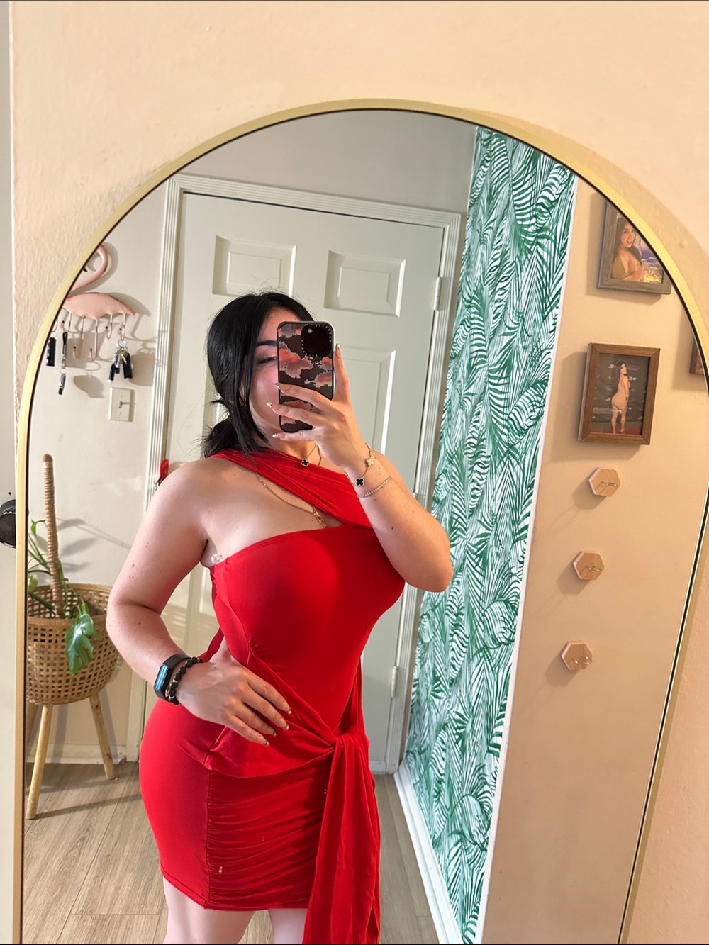 Micas Red One-Shoulder Bodycon Dress with Side Tie